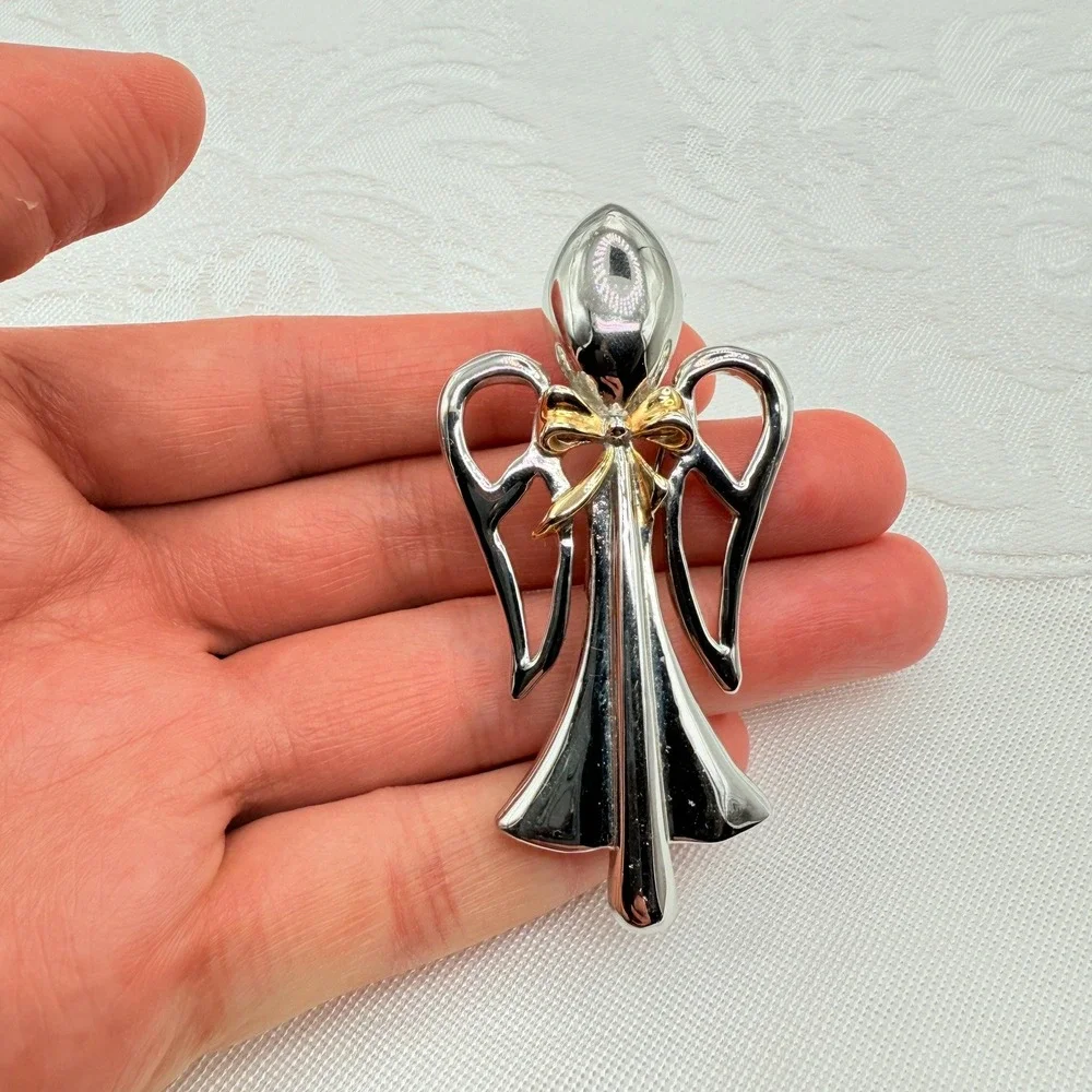 Vintage Silver and Gold Tone Angel Pin Brooch or Pendant w/ Ribbon